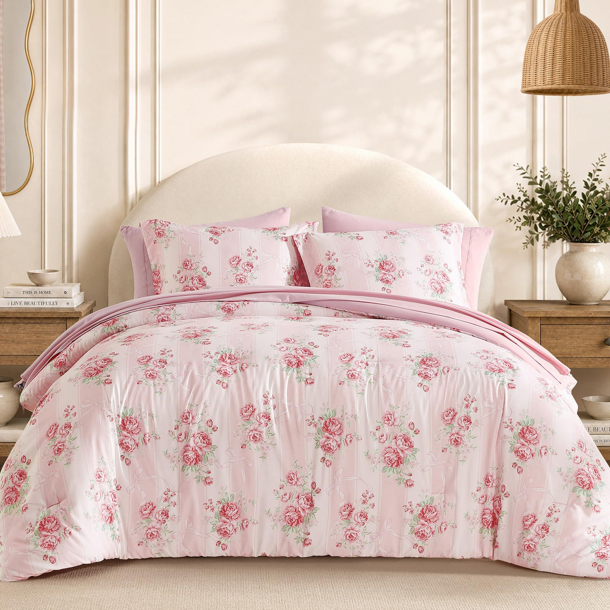 BLOOMHAVEN Queen Comforter Set-7 Pieces Brown Floral Bed in a Bag Queen