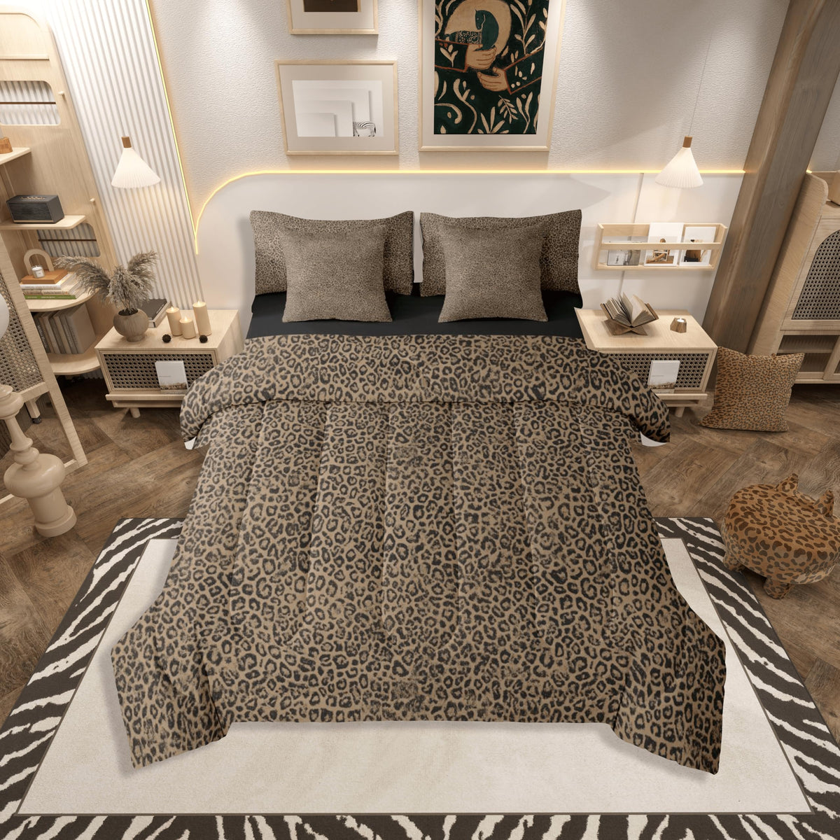 jejeloiu Leopard Print Comforter Set with Sheets 7 Piece Queen Size Cheetah Print Bedding Set for Kids Boys Girls Beige Bed in a Bag Modern Art Room Decor Soft Lightweight Microfiber