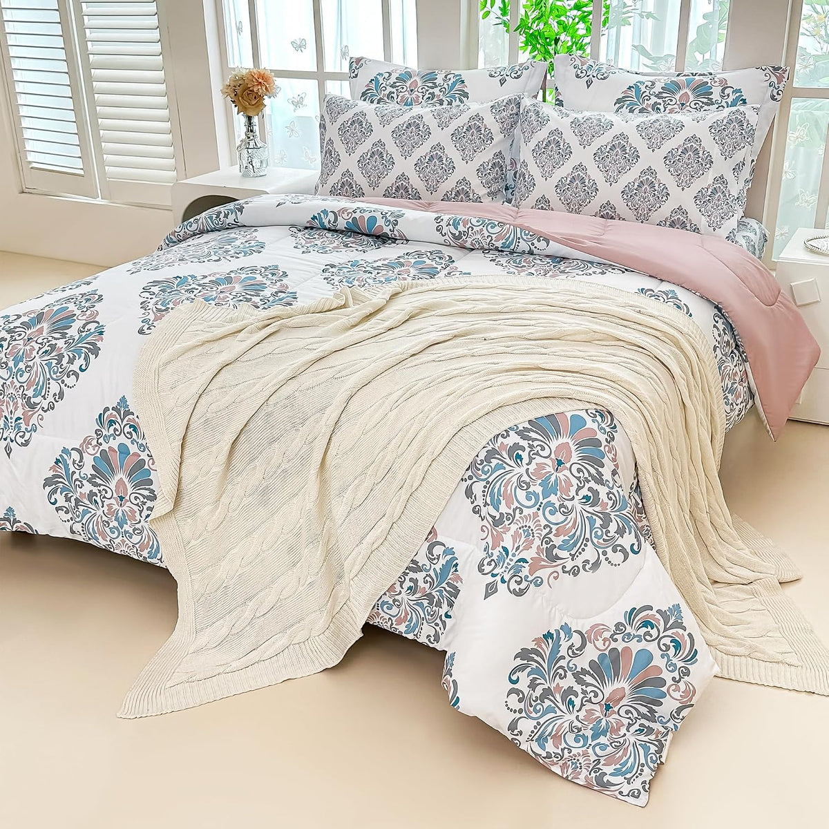 lasoftan Floral Queen Comforter Set with Sheets, 7 piece Luxury Vintage Bedding, Soft Microfiber Bed in a Bag, Cozy Lightweight Bed Set, Damask Boho Flower