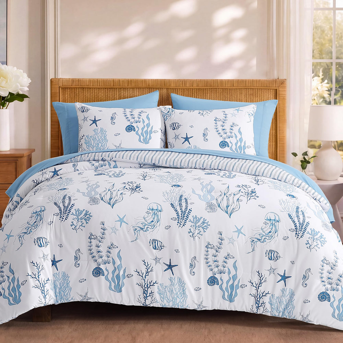 BLOOMHAVEN Queen Comforter Set-7 Pieces Brown Floral Bed in a Bag Queen