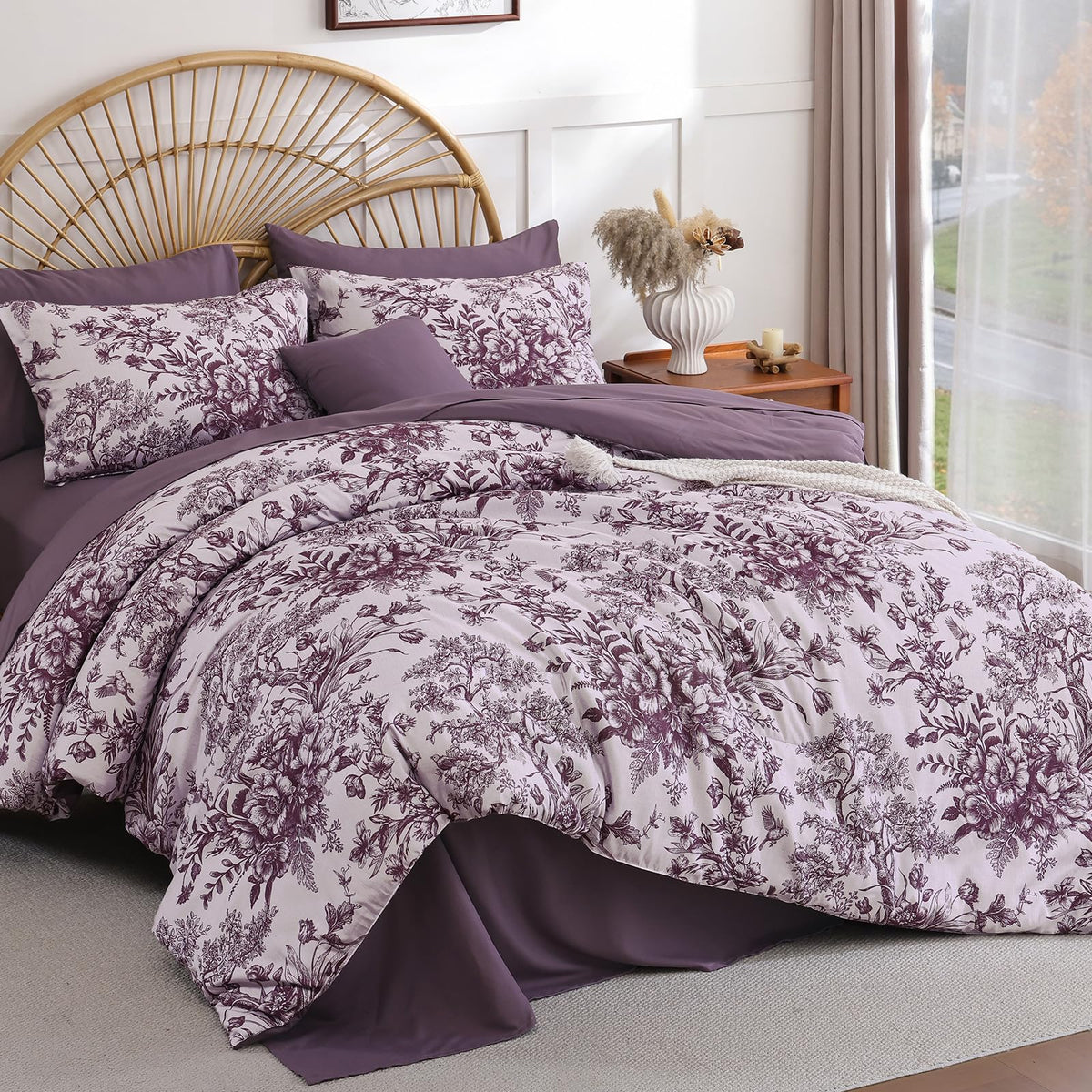 Queen Comforter Set 8 Pieces, Floral Comforter Set, Brown Bed in a Bag