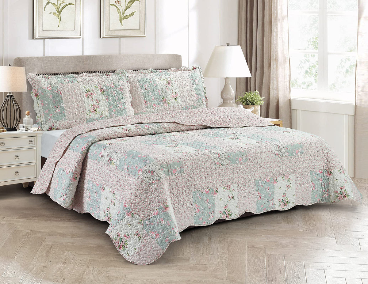 Brilliant Sunshine Rose and Sage Quilt Set, 3-Piece Bedding Sets, Traditional Patchwork Design, Washable and Reversible Bedspread, Soft Lightweight Coverlet, All-Season, Full/Queen, Light Pink Green