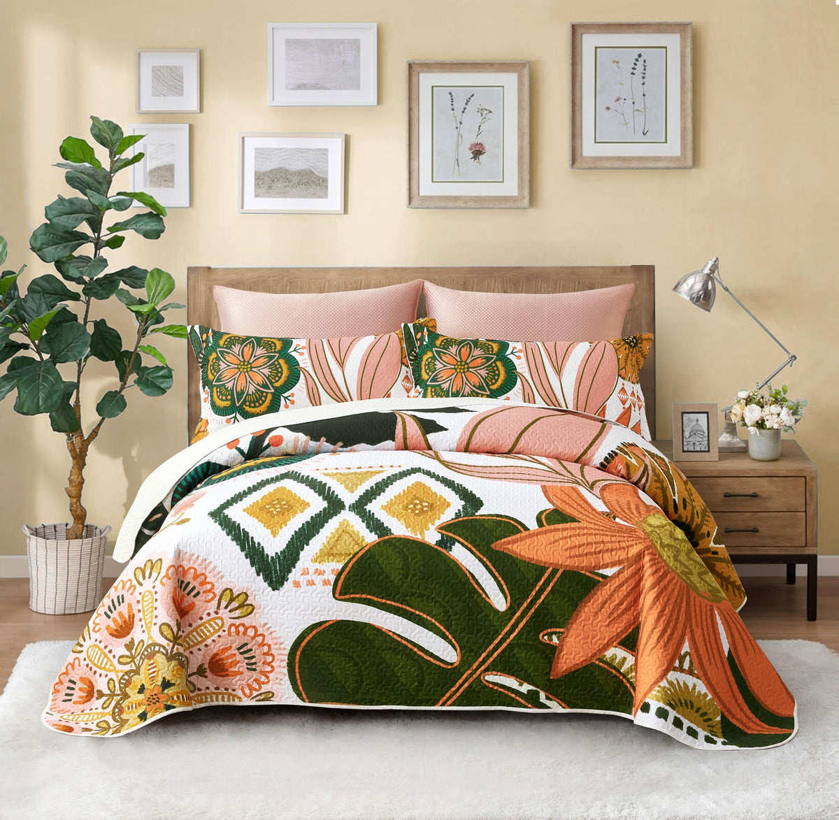 Tyrot 3 Piece Black Boho Floral Butterfly King Quilt Bedding Sets