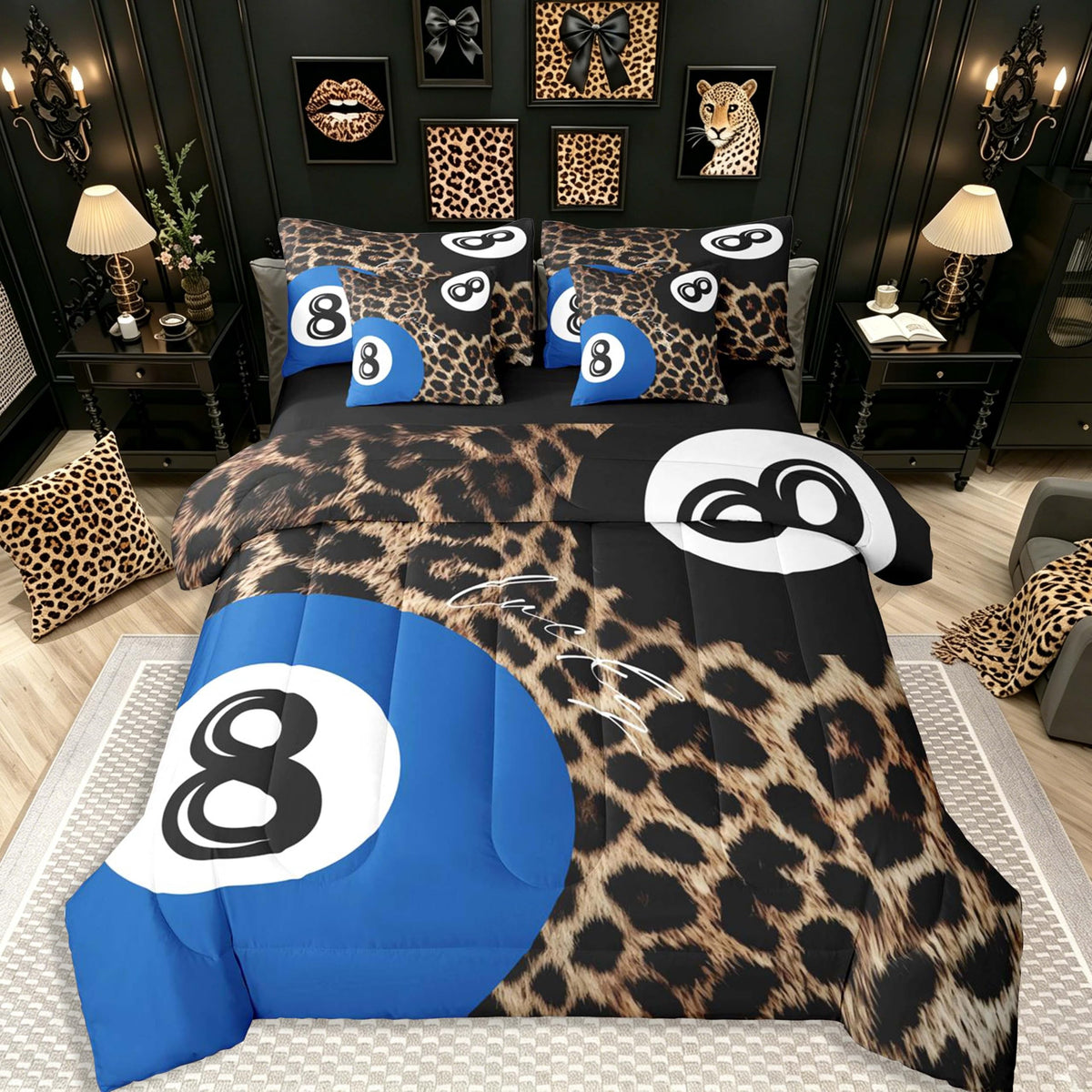 Erosebridal Leopard Print Bedding Set,7 Piece Pink Lucky 8 Ball Cheetah Bed in A Bag Queen Comforter Set for Boys Girls Women Preppy Room Decor Aesthetic Comforter and Sheets Fashion Coquette Bed Set