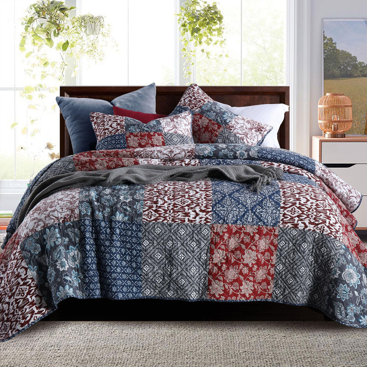 Secgo King Size Comforter Set- 100% Cotton Quilt King Size Set, Green, Sage bedspreads (96 * 108 Inch) with 2 Pillow Shams, Patchwork Reversible Lightweight Bedding