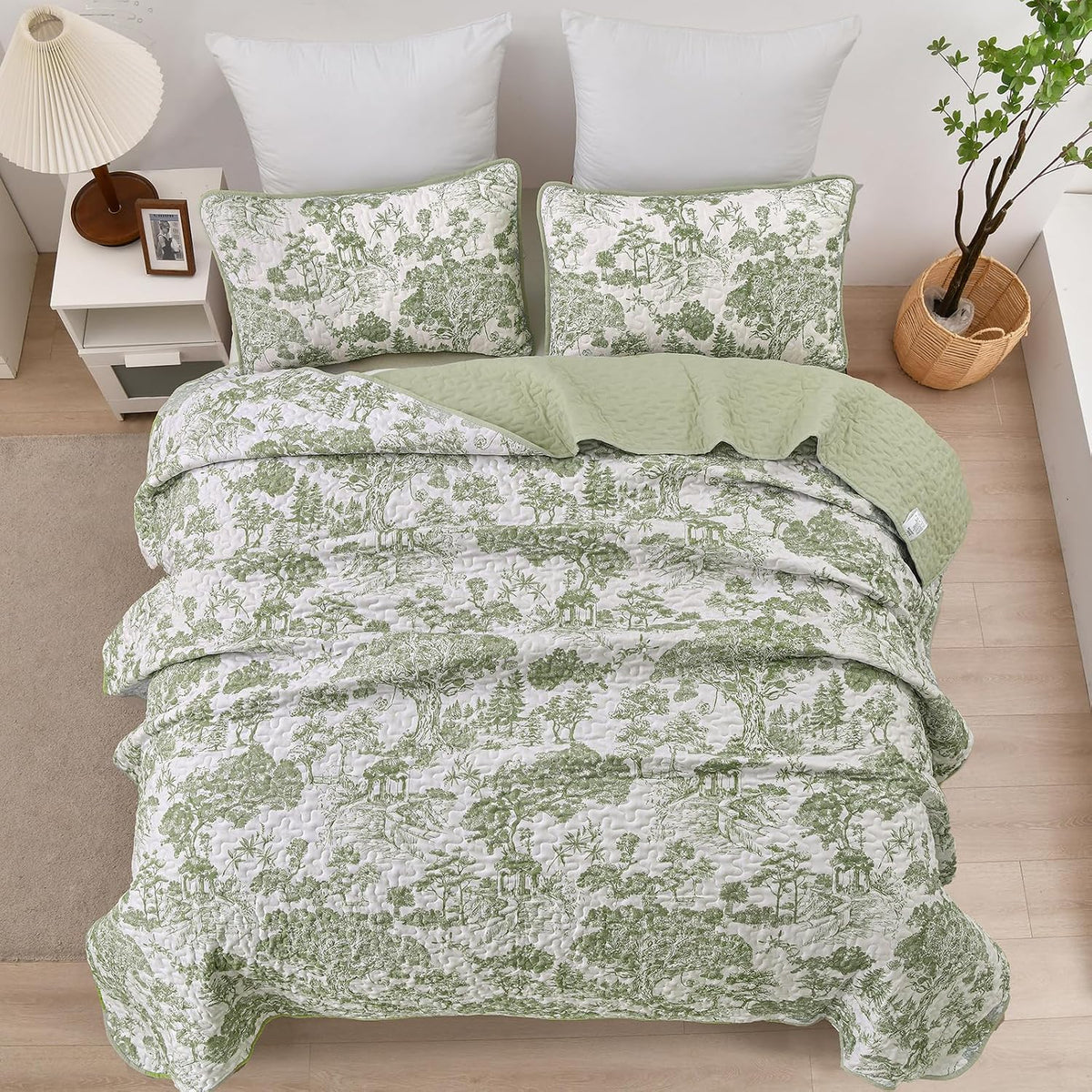 WONGS BEDDING Sage Green Quilt Set Queen Size, Botanical Floral Bedspread