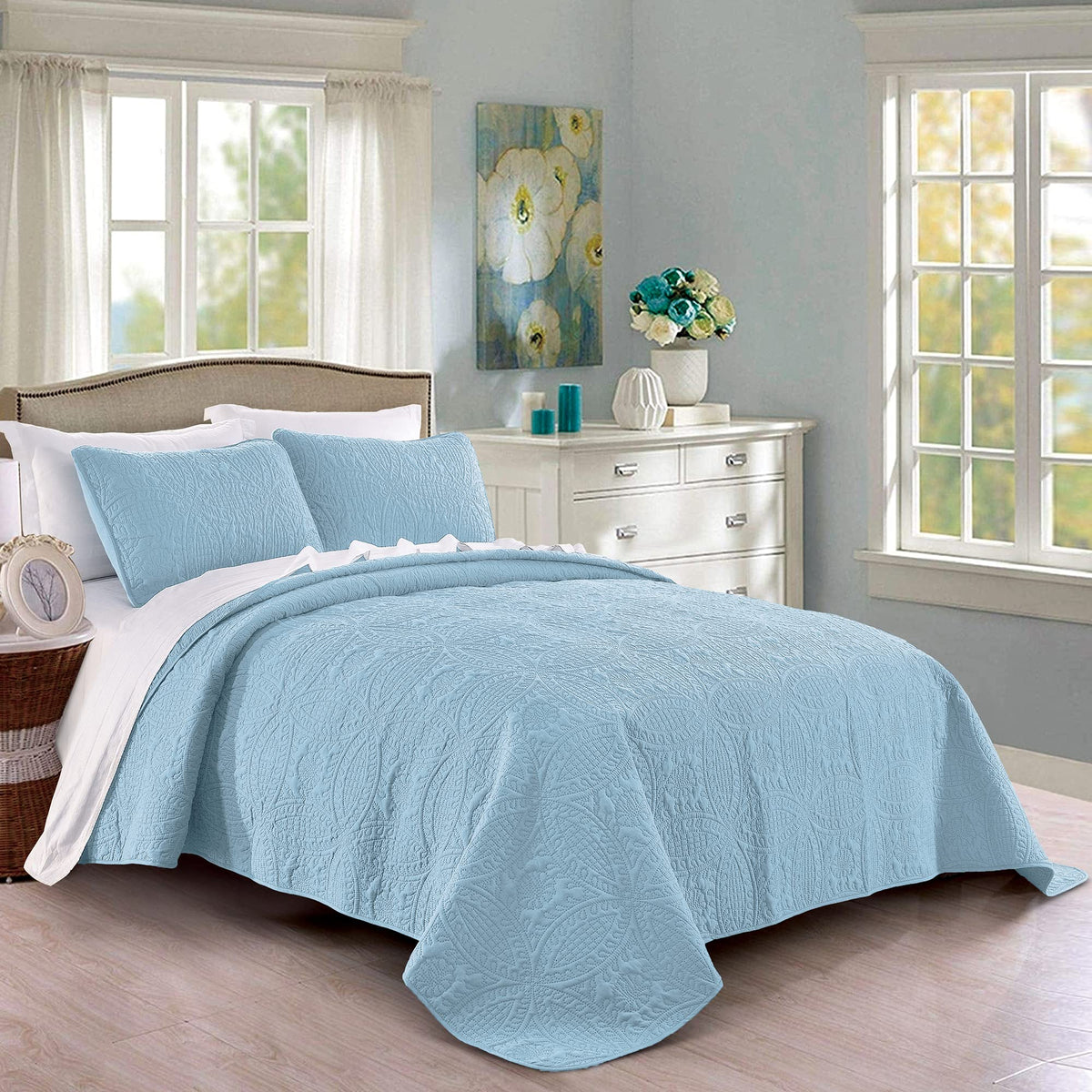 Pure Bedding Quilt Set Full/Queen Size Ash Blue - Oversized Bedspread - Soft Microfiber Lightweight Coverlet for All Season - 3 Piece Includes 1 Quilt and 2 Shams, Geometric Pattern