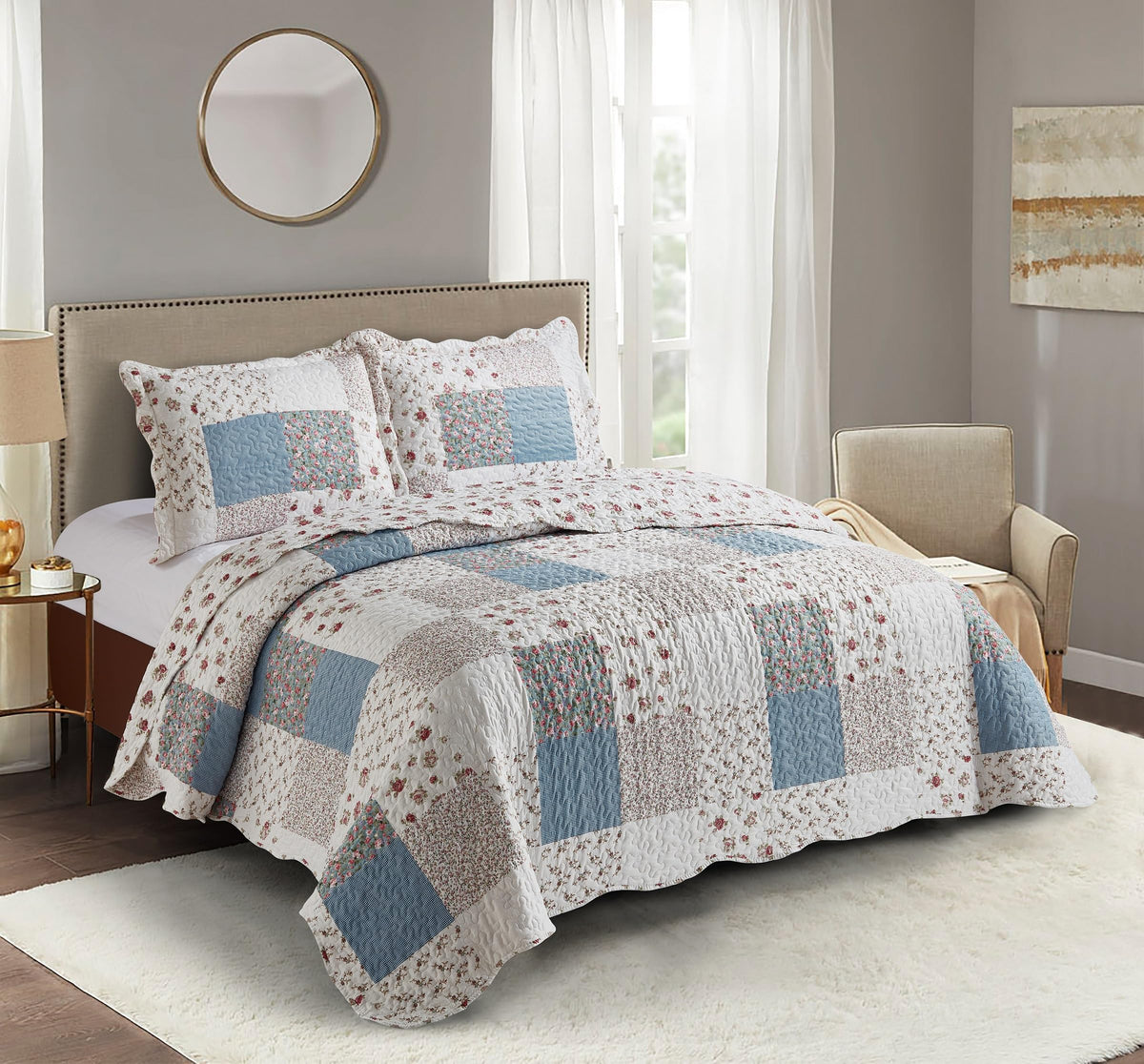Brilliant Sunshine Rose and Sage Quilt Set, 3-Piece Bedding Sets, Traditional Patchwork Design, Washable and Reversible Bedspread, Soft Lightweight Coverlet, All-Season, Full/Queen, Light Pink Green