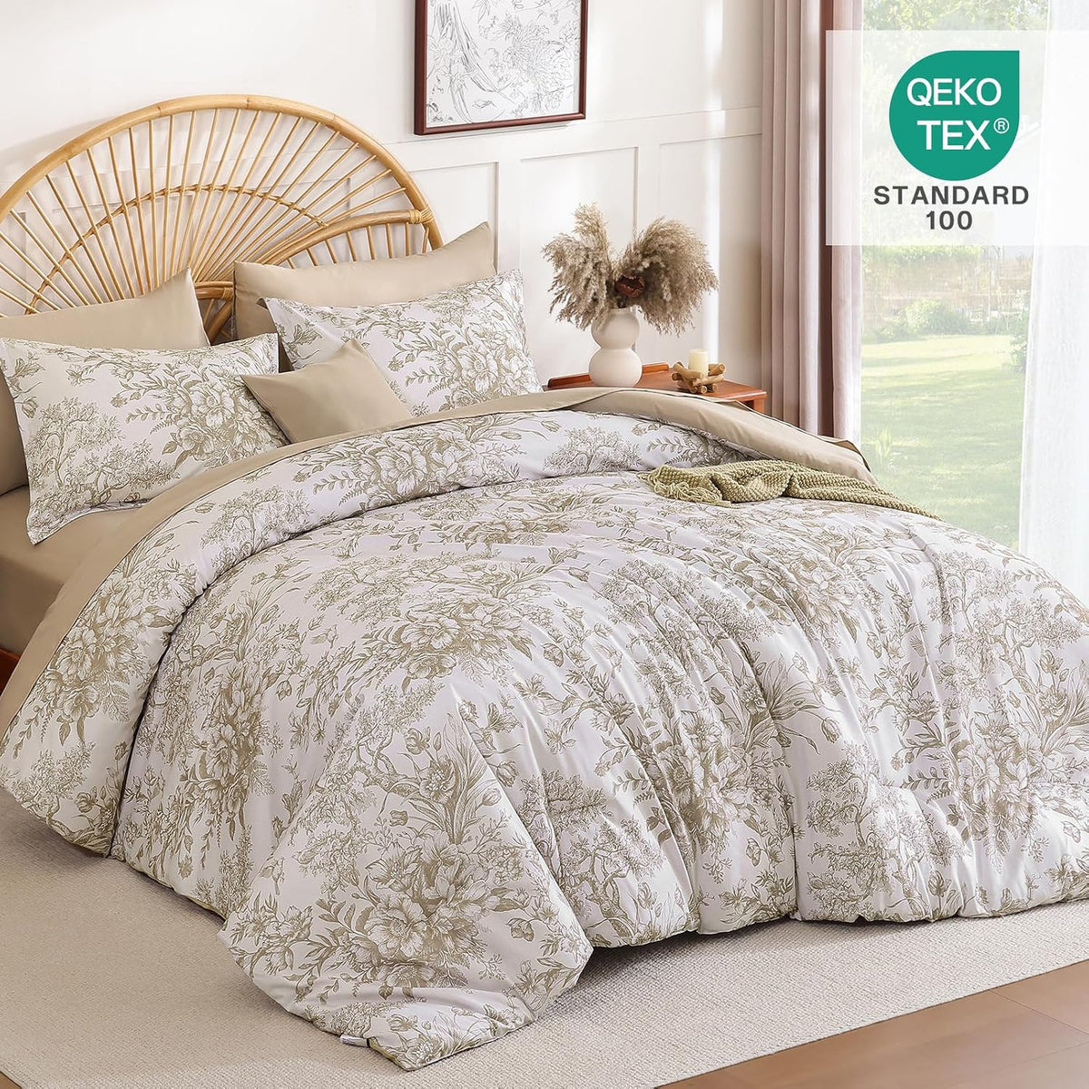 Queen Comforter Set 8 Pieces, Floral Comforter Set, Brown Bed in a Bag