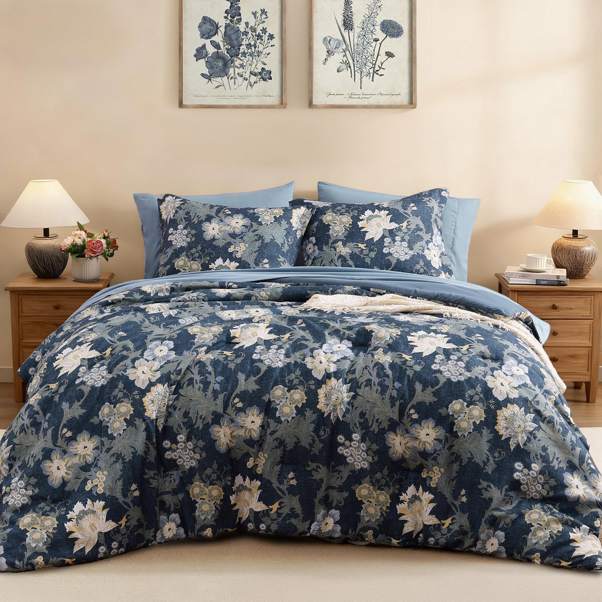 BLOOMHAVEN Queen Comforter Set-7 Pieces Brown Floral Bed in a Bag Queen