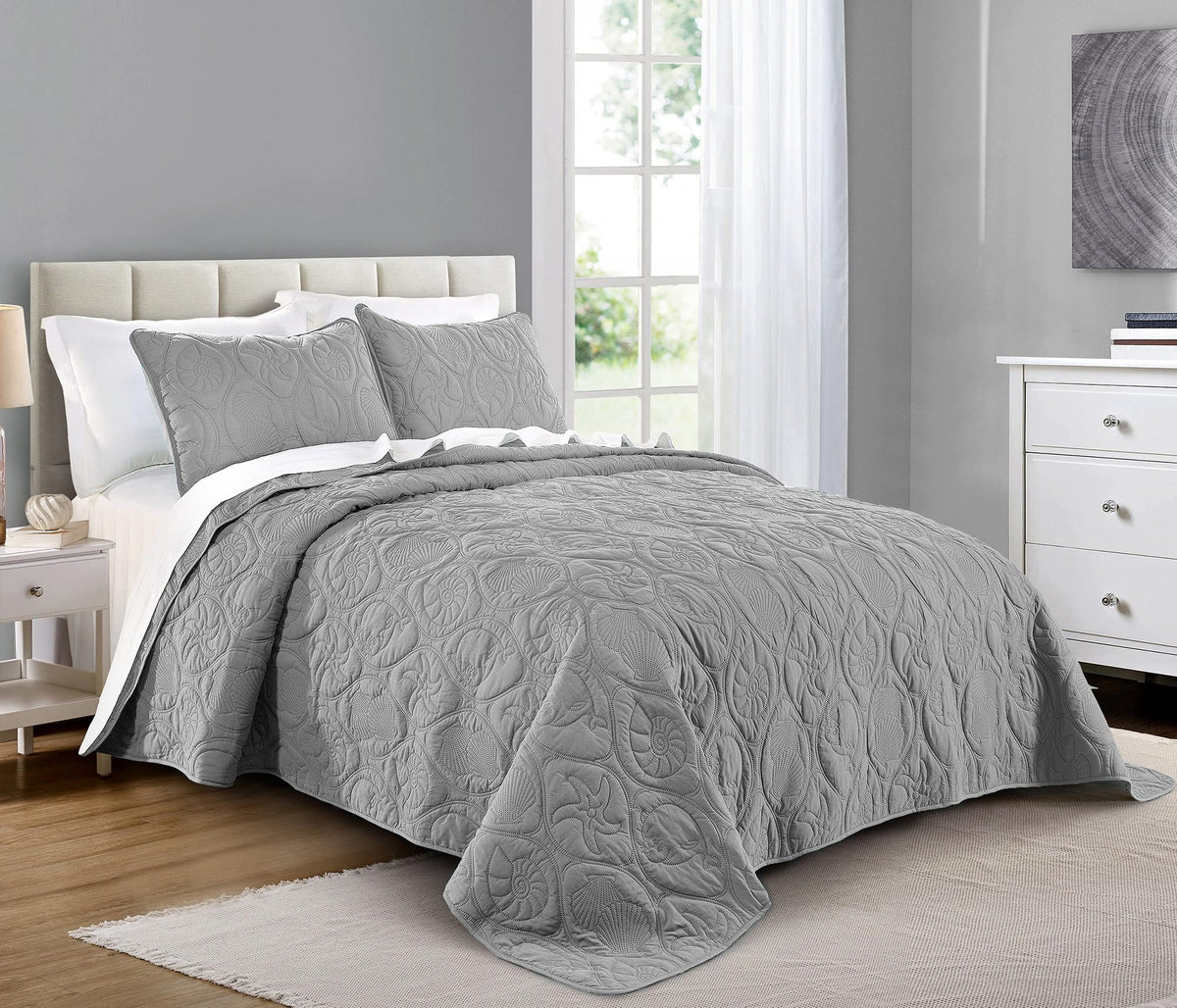 Pure Bedding Quilt Set Full/Queen Size Ash Blue - Oversized Bedspread - Soft Microfiber Lightweight Coverlet for All Season - 3 Piece Includes 1 Quilt and 2 Shams, Geometric Pattern