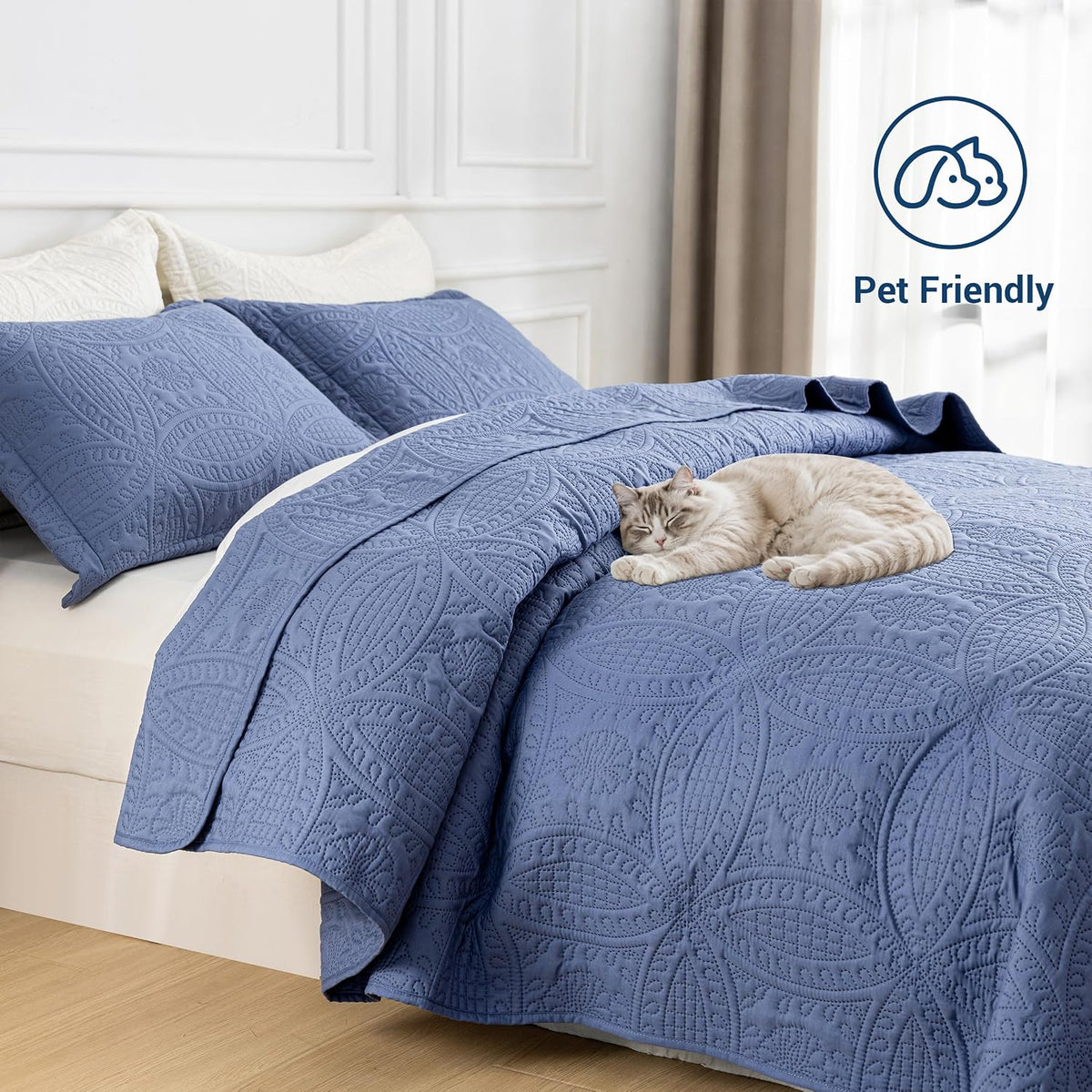 SheRest Queen Quilt Bedding Set - Grayish Blue Soft Breathable Bed Quilts, Modern Style Embossed Bedspreads, Lightweight Microfiber Coverlet for All Seasons-3 Pieces (1 Quilt,2 Pillow Shams)