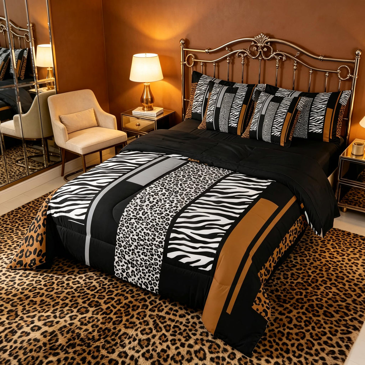 Erosebridal Leopard Print 7 Piece Bedding Set Full Cheetah Decor Comforter Set with Sheets Geometric Modern Bed in A Bag African Safari Animal Bed Sets with 2 Pillowcases, 2 Pillow Covers Lightweight