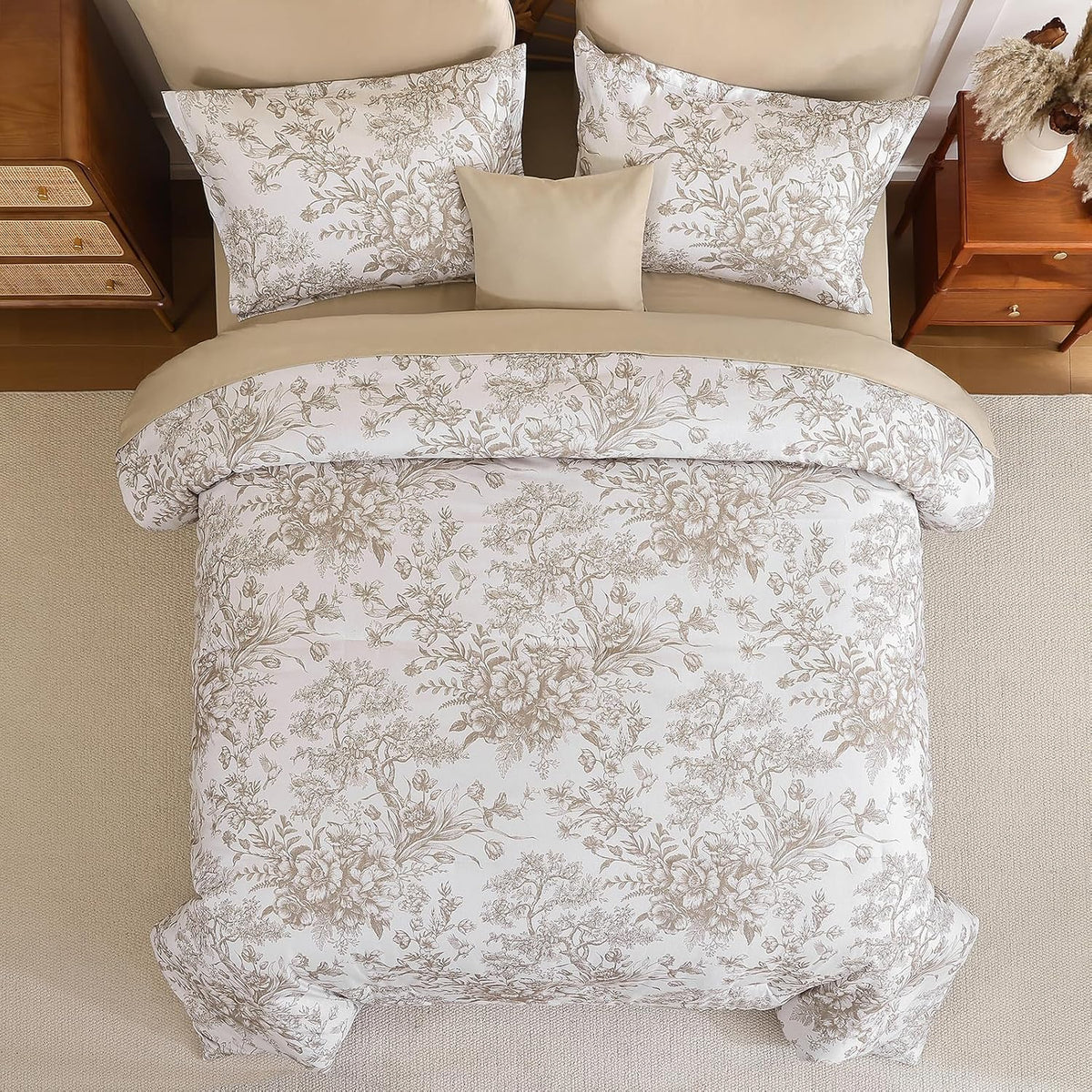 Queen Comforter Set 8 Pieces, Floral Comforter Set, Brown Bed in a Bag