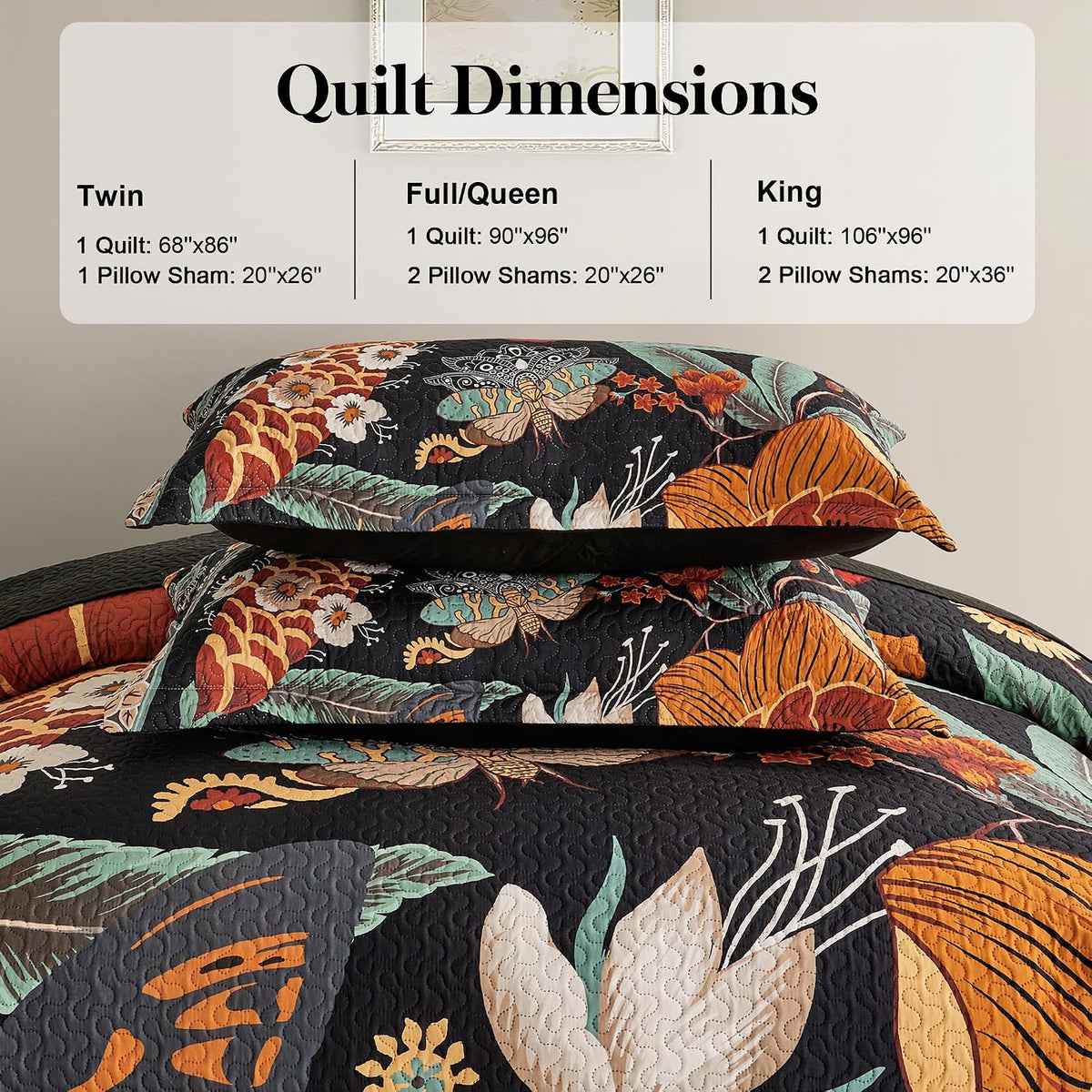 Tyrot 3 Piece Black Boho Floral Butterfly King Quilt Bedding Sets