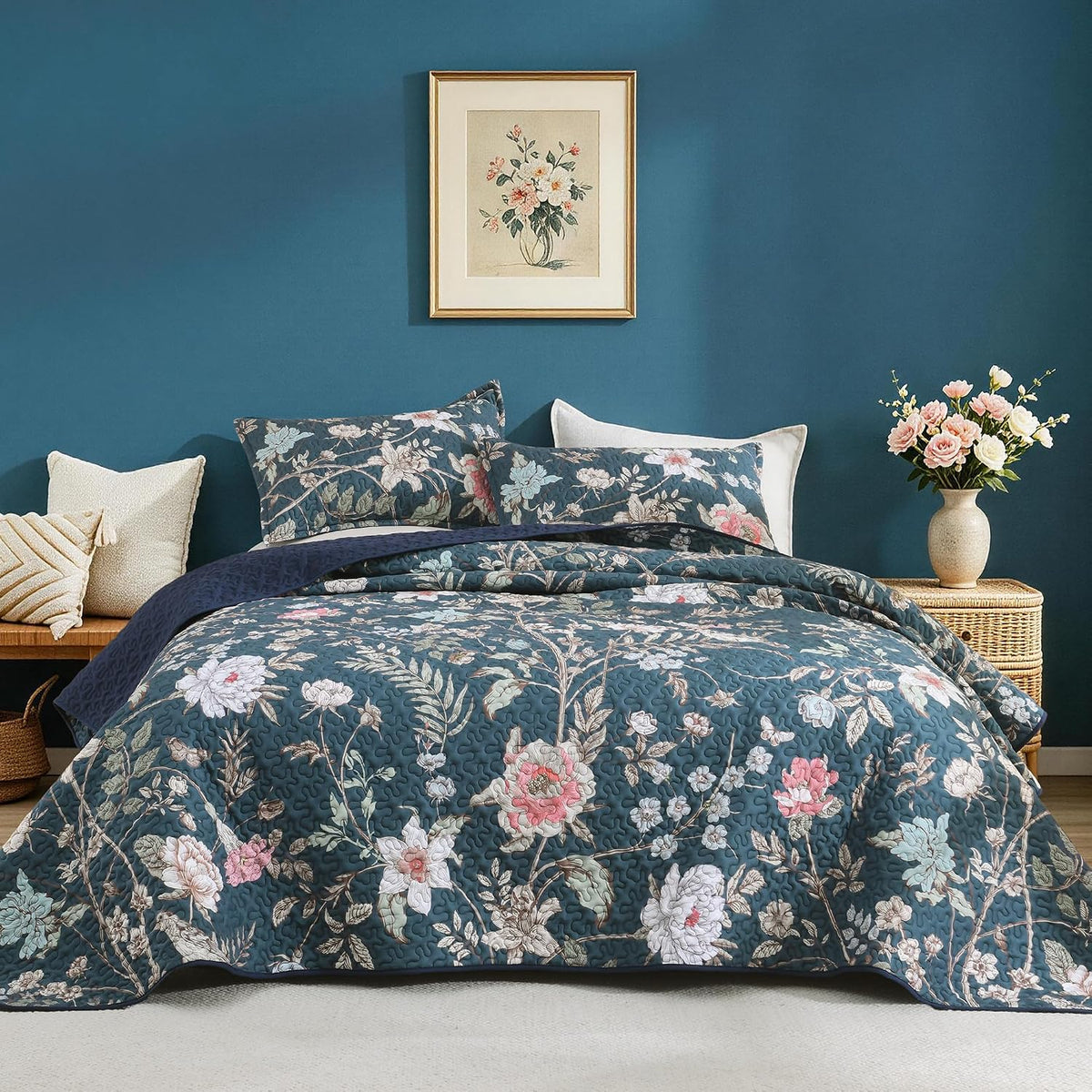 Litanika Floral Black Quilt King - 3Pcs Summer Boho Bedding Set