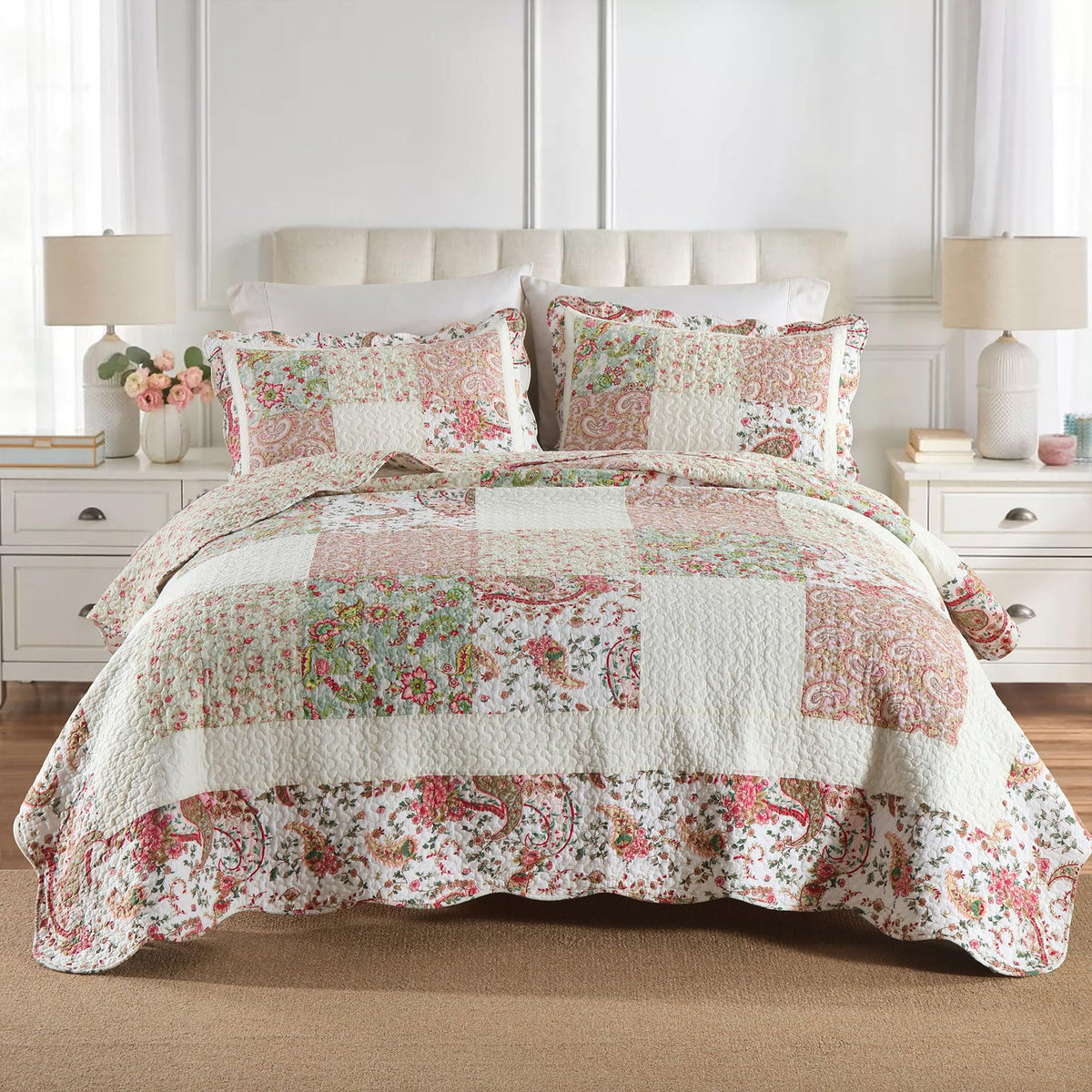 Secgo King Size Comforter Set- 100% Cotton Quilt King Size Set, Green, Sage bedspreads (96 * 108 Inch) with 2 Pillow Shams, Patchwork Reversible Lightweight Bedding