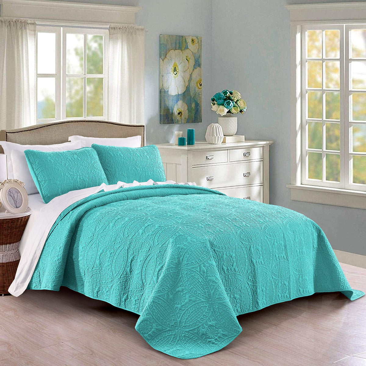 Pure Bedding Quilt Set Full/Queen Size Ash Blue - Oversized Bedspread - Soft Microfiber Lightweight Coverlet for All Season - 3 Piece Includes 1 Quilt and 2 Shams, Geometric Pattern