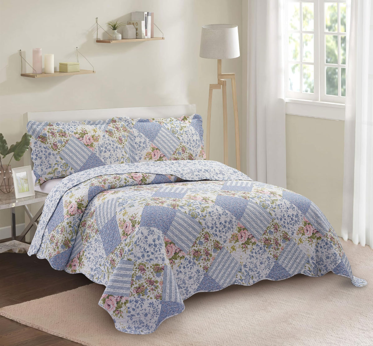 Brilliant Sunshine Rose and Sage Quilt Set, 3-Piece Bedding Sets, Traditional Patchwork Design, Washable and Reversible Bedspread, Soft Lightweight Coverlet, All-Season, Full/Queen, Light Pink Green