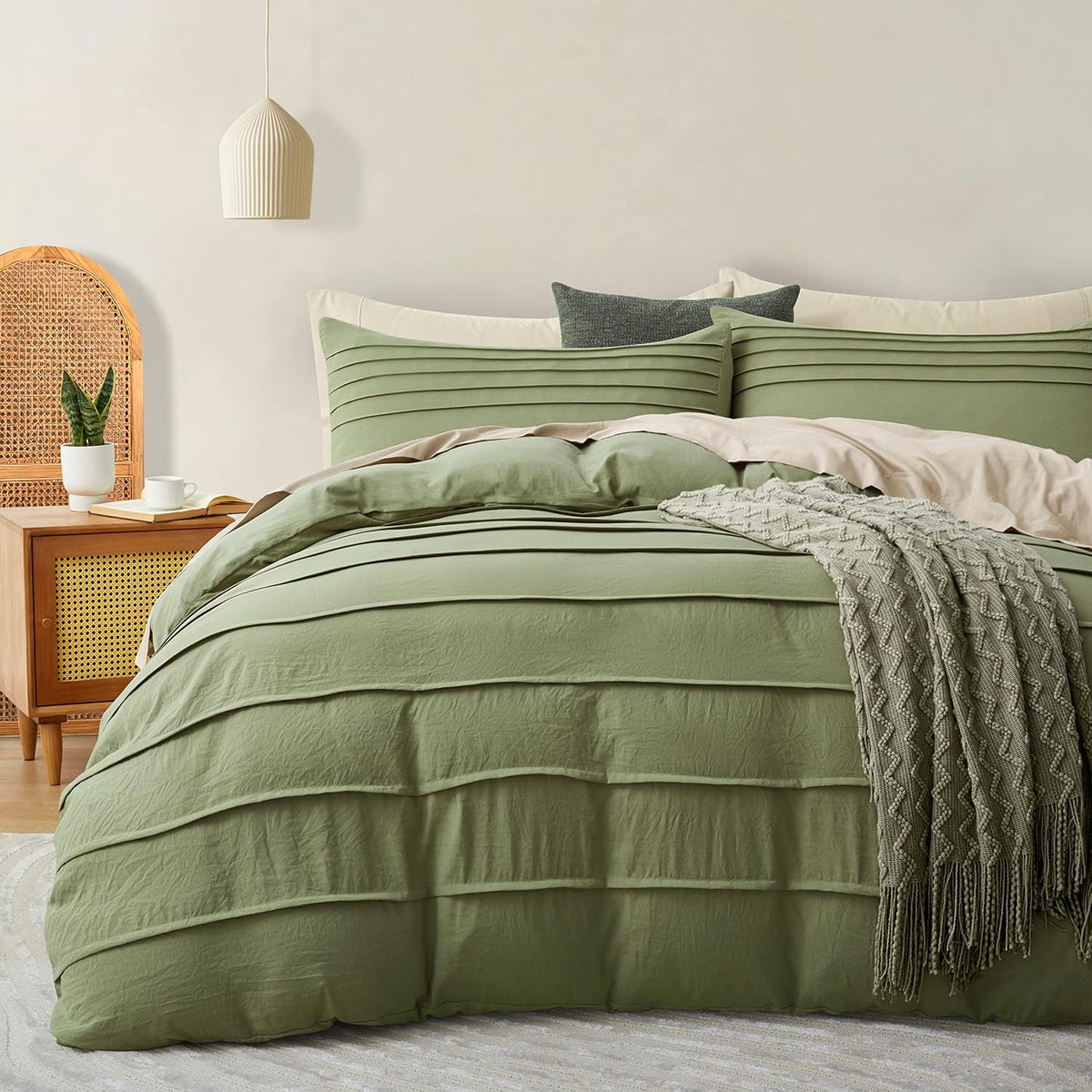 Oli Anderson 3PCS Pleated Duvet Cover Set, Sage Green, Queen