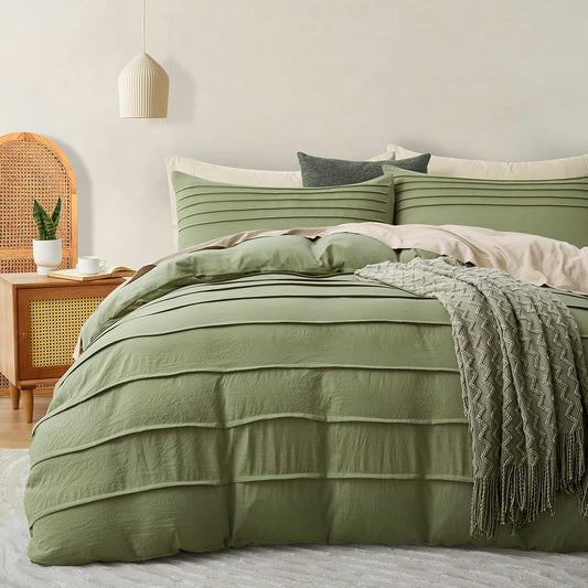Oli Anderson 3PCS Pleated Duvet Cover Set, Sage Green, Queen