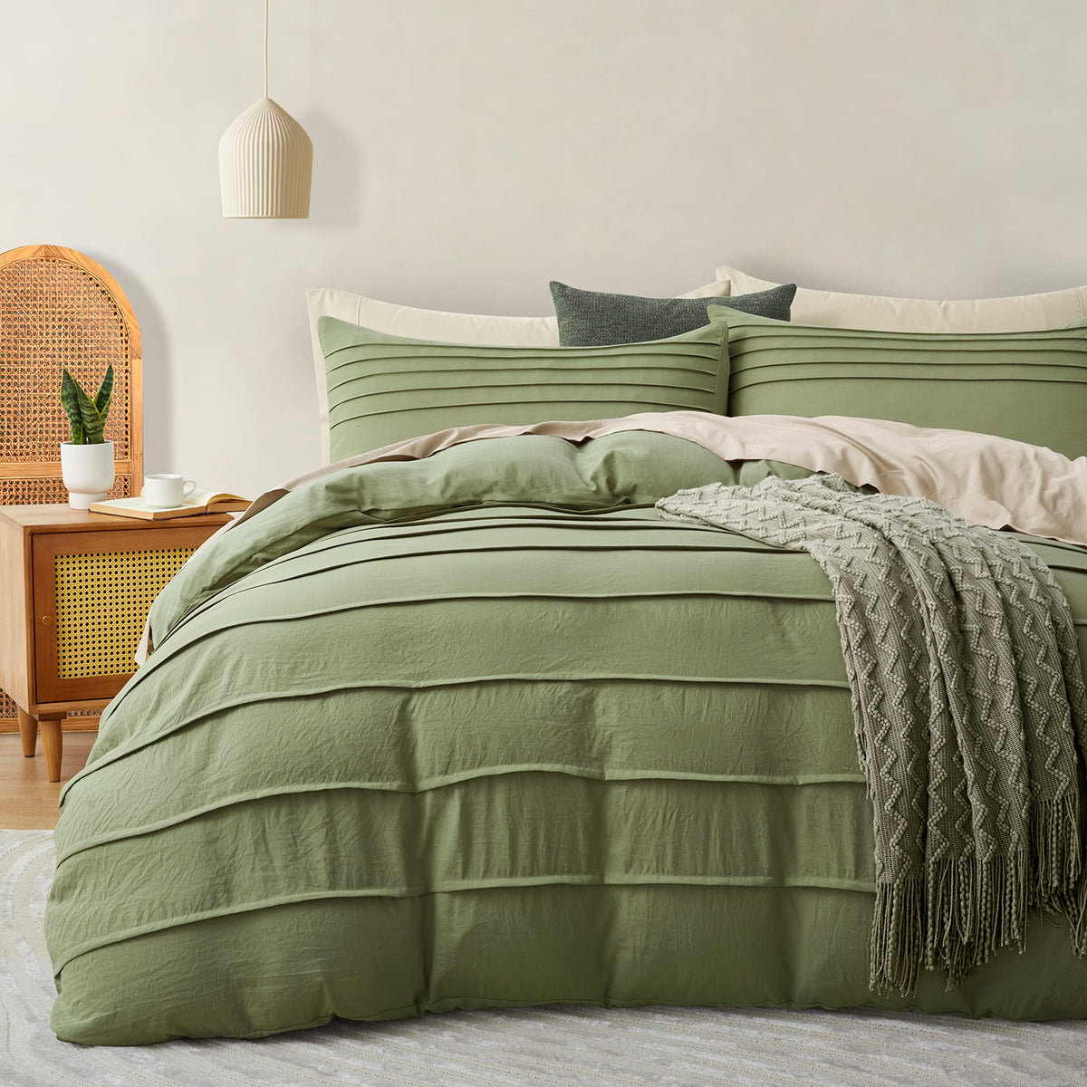 Oli Anderson 3PCS Pleated Duvet Cover Set, Sage Green, Queen