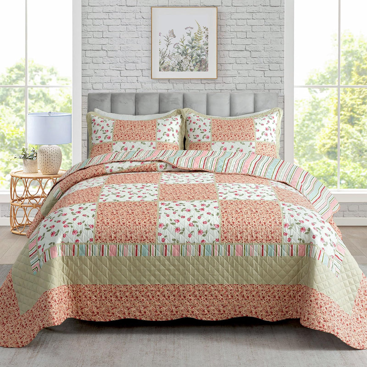 Travan 3-Piece Quilt Set Quilted Bedspread Lightweight Coverlet Set Garden Style Floral Printed Oversized Quilted Bedding Set with Shams for All Season, Exquisite, Queen Size
