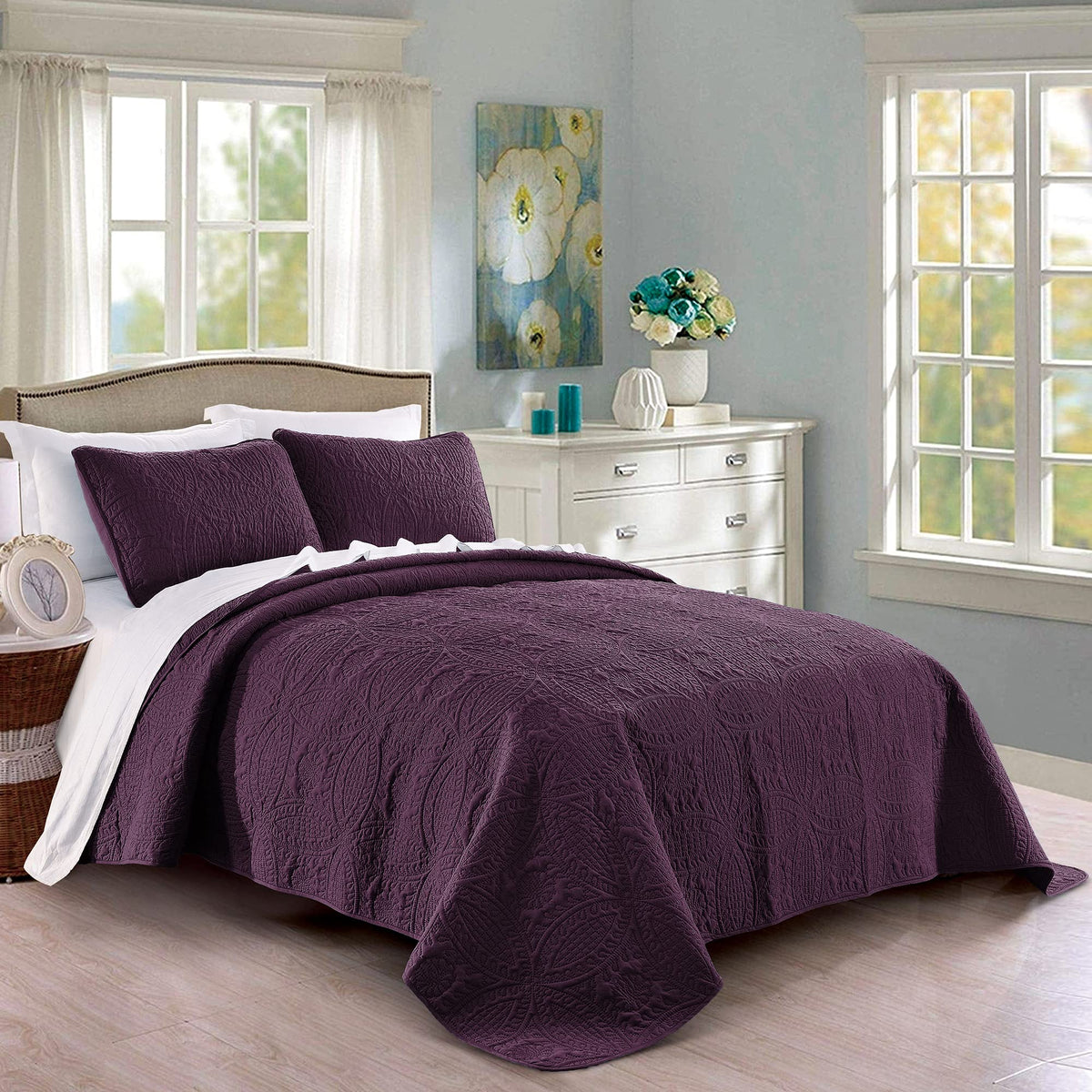 Pure Bedding Quilt Set Full/Queen Size Ash Blue - Oversized Bedspread - Soft Microfiber Lightweight Coverlet for All Season - 3 Piece Includes 1 Quilt and 2 Shams, Geometric Pattern
