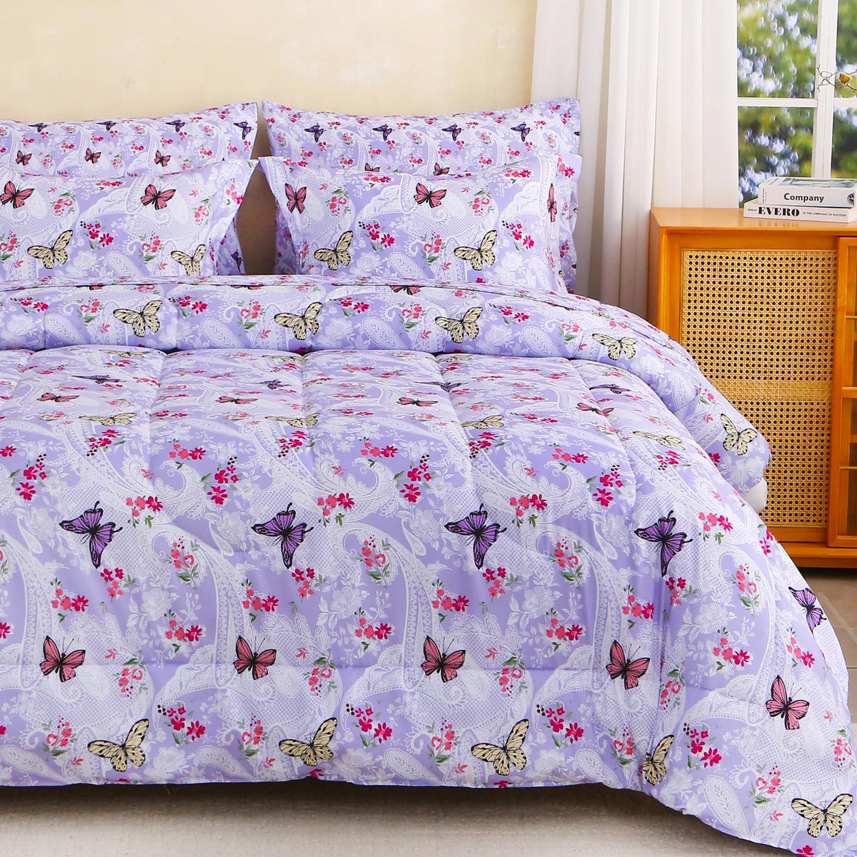 lasoftan Floral Queen Comforter Set with Sheets, 7 piece Luxury Vintage Bedding, Soft Microfiber Bed in a Bag, Cozy Lightweight Bed Set, Damask Boho Flower