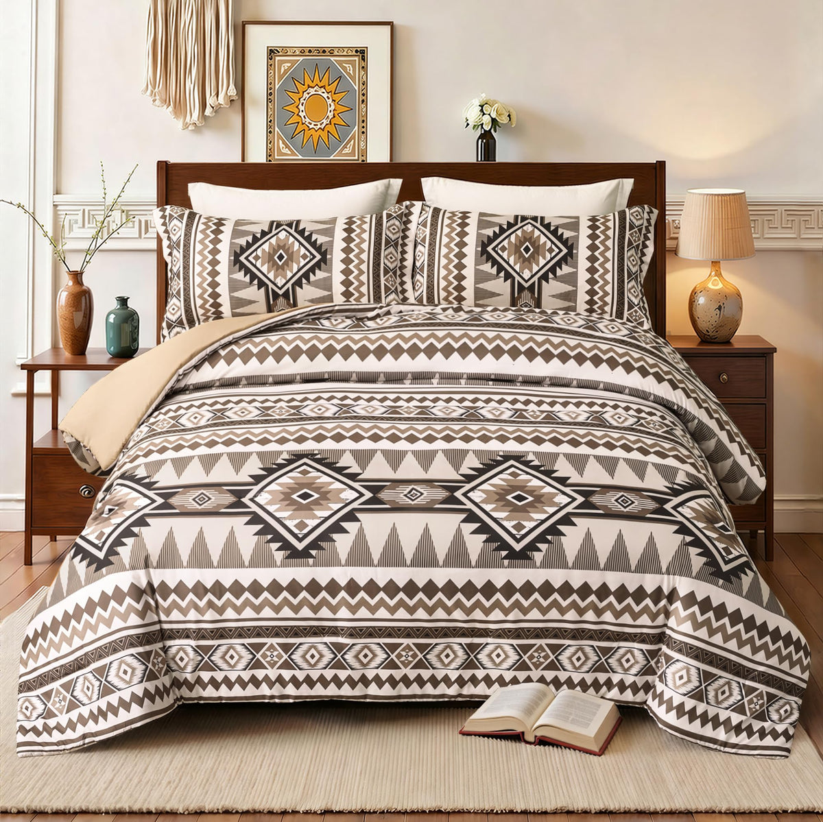 Tyrot King Comforter Set – 3 Piece Brown Boho Aztec Bedding, Western Southwestern Style Comforter Sets, Soft Lightweight Comforter for All Seasons, 1 Comforter & 2 Pillow Shams