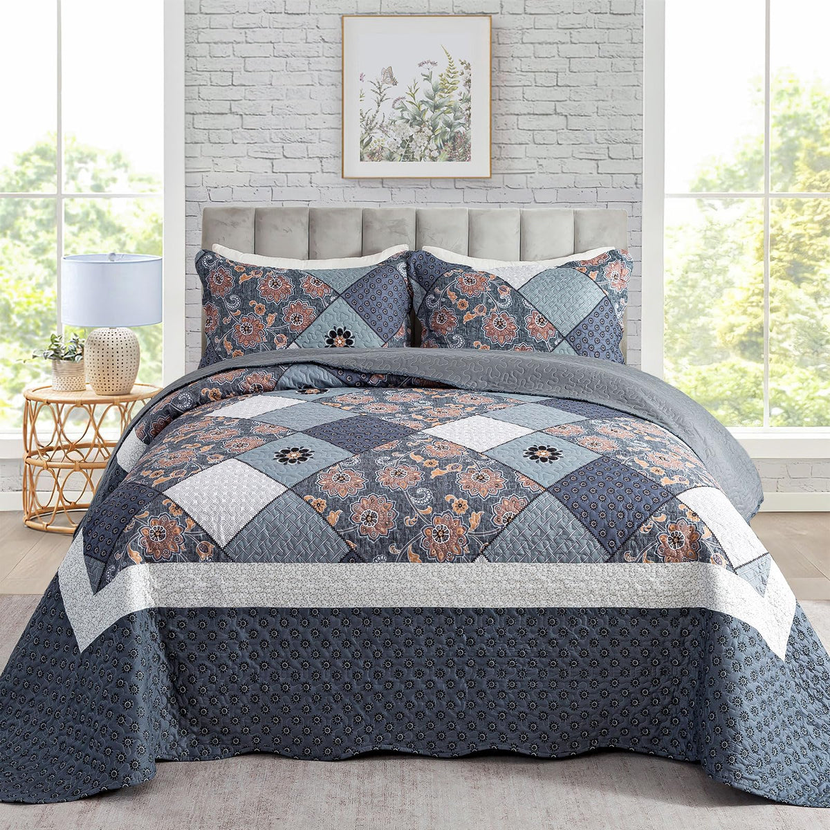Travan 3-Piece Quilt Set Quilted Bedspread Lightweight Coverlet Set Garden Style Floral Printed Oversized Quilted Bedding Set with Shams for All Season, Exquisite, Queen Size