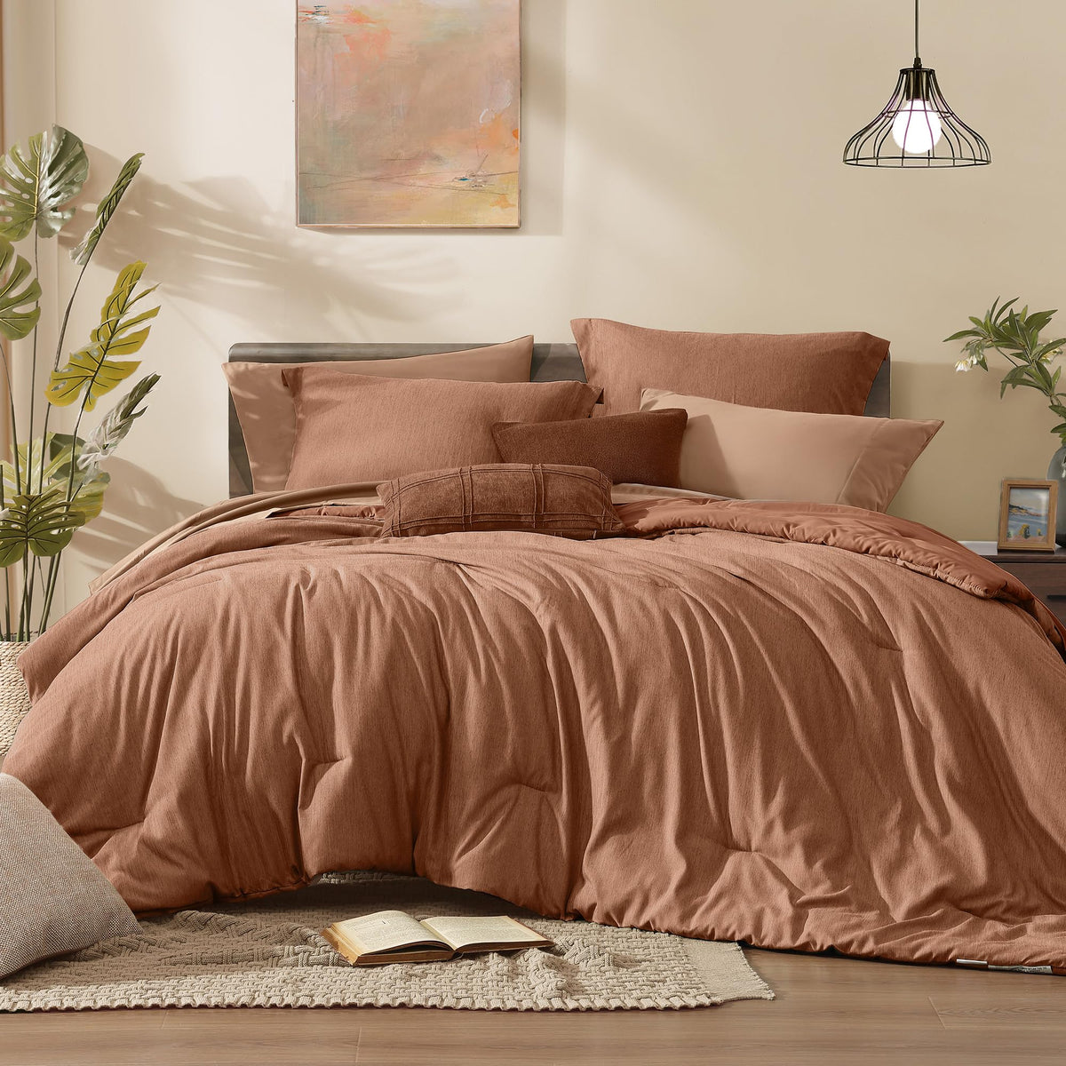 Monbix Queen Comforter Set 7 Pieces Terracotta Cationic Dyeing Bed in a Bag