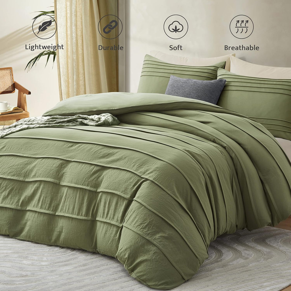 Oli Anderson 3PCS Pleated Duvet Cover Set, Sage Green, Queen