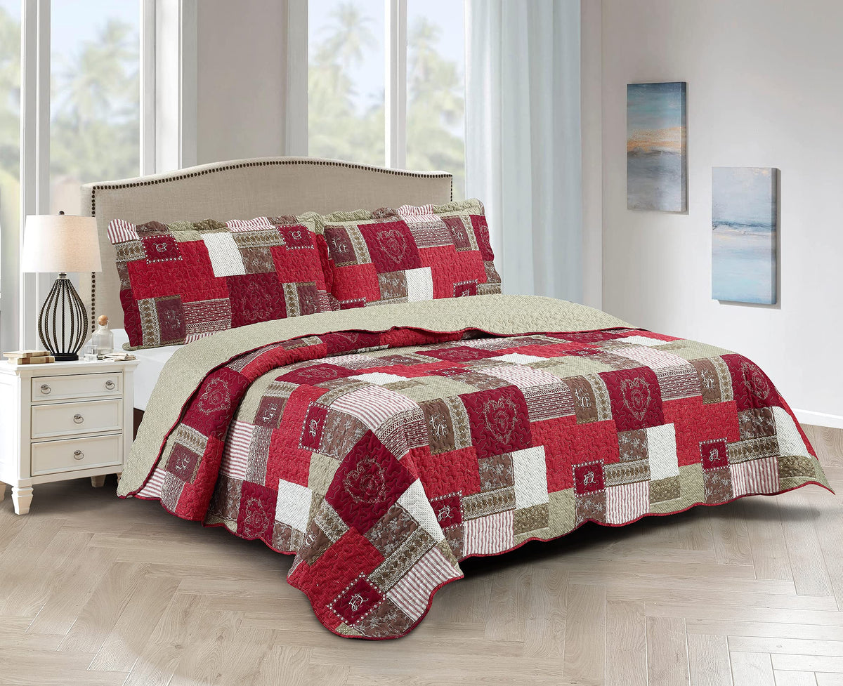 Brilliant Sunshine Rose and Sage Quilt Set, 3-Piece Bedding Sets, Traditional Patchwork Design, Washable and Reversible Bedspread, Soft Lightweight Coverlet, All-Season, Full/Queen, Light Pink Green