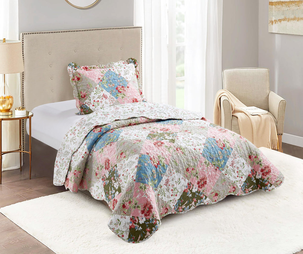 Brilliant Sunshine Rose and Sage Quilt Set, 3-Piece Bedding Sets, Traditional Patchwork Design, Washable and Reversible Bedspread, Soft Lightweight Coverlet, All-Season, Full/Queen, Light Pink Green