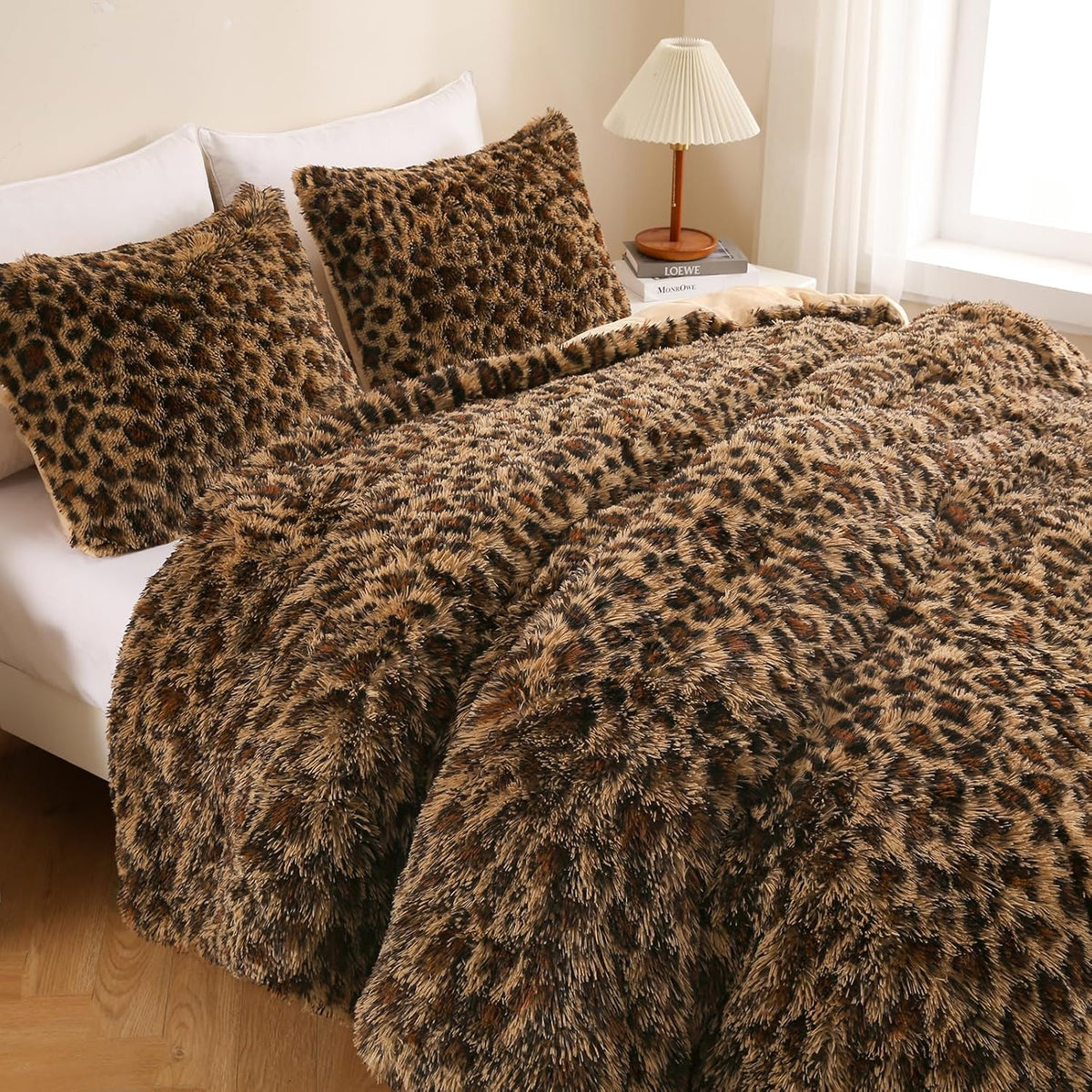 Cheetah Print Fluffy Faux Fur Comforter Set Full Size, 3 Pieces, Brown