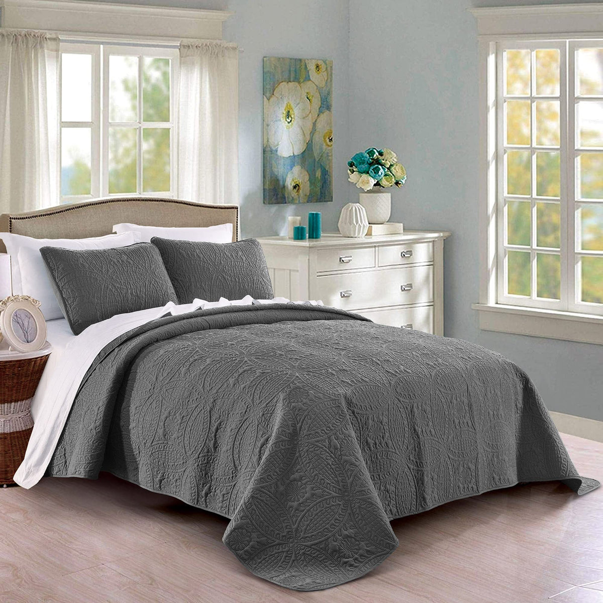 Pure Bedding Quilt Set Full/Queen Size Ash Blue - Oversized Bedspread - Soft Microfiber Lightweight Coverlet for All Season - 3 Piece Includes 1 Quilt and 2 Shams, Geometric Pattern