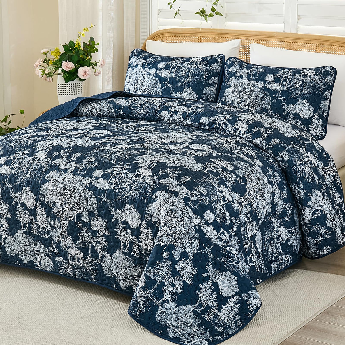 WONGS BEDDING Sage Green Quilt Set Queen Size, Botanical Floral Bedspread