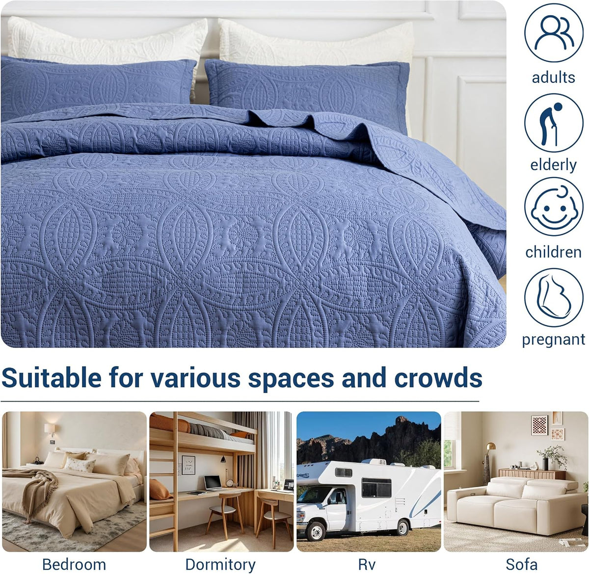 SheRest Queen Quilt Bedding Set - Grayish Blue Soft Breathable Bed Quilts, Modern Style Embossed Bedspreads, Lightweight Microfiber Coverlet for All Seasons-3 Pieces (1 Quilt,2 Pillow Shams)