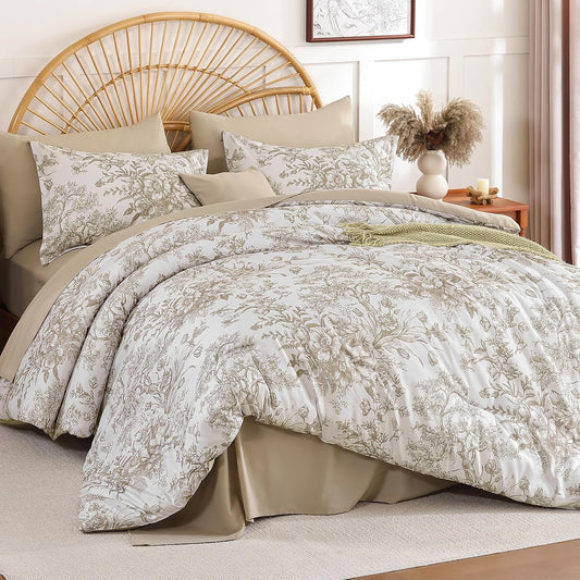 Queen Comforter Set 8 Pieces, Floral Comforter Set, Brown Bed in a Bag