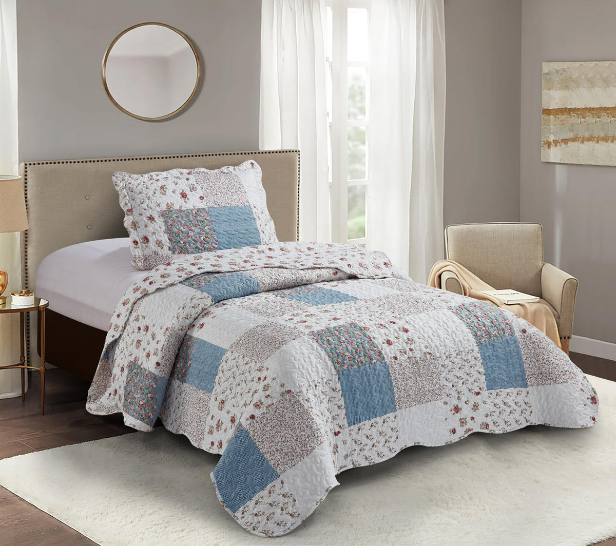 Brilliant Sunshine Rose and Sage Quilt Set, 3-Piece Bedding Sets, Traditional Patchwork Design, Washable and Reversible Bedspread, Soft Lightweight Coverlet, All-Season, Full/Queen, Light Pink Green