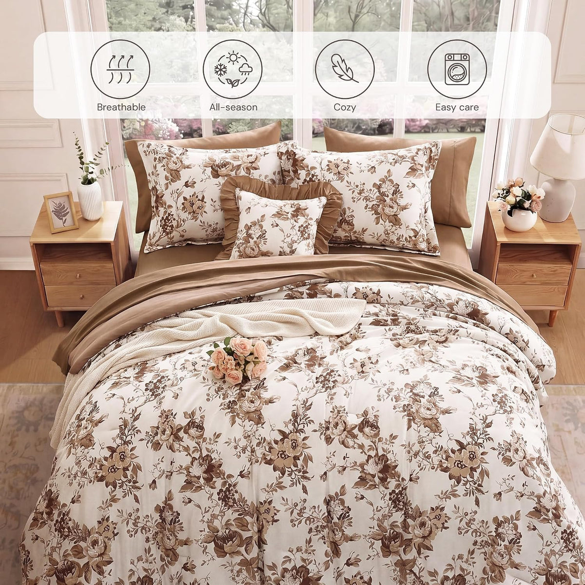 BLOOMHAVEN Queen Comforter Set-7 Pieces Brown Floral Bed in a Bag Queen