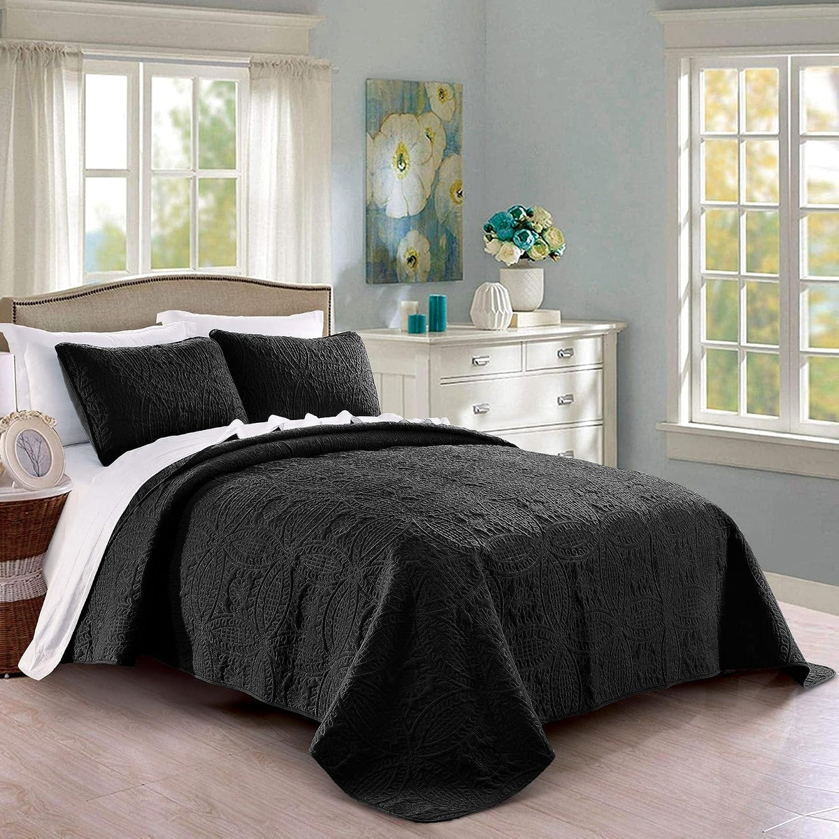 Pure Bedding Quilt Set Full/Queen Size Ash Blue - Oversized Bedspread - Soft Microfiber Lightweight Coverlet for All Season - 3 Piece Includes 1 Quilt and 2 Shams, Geometric Pattern