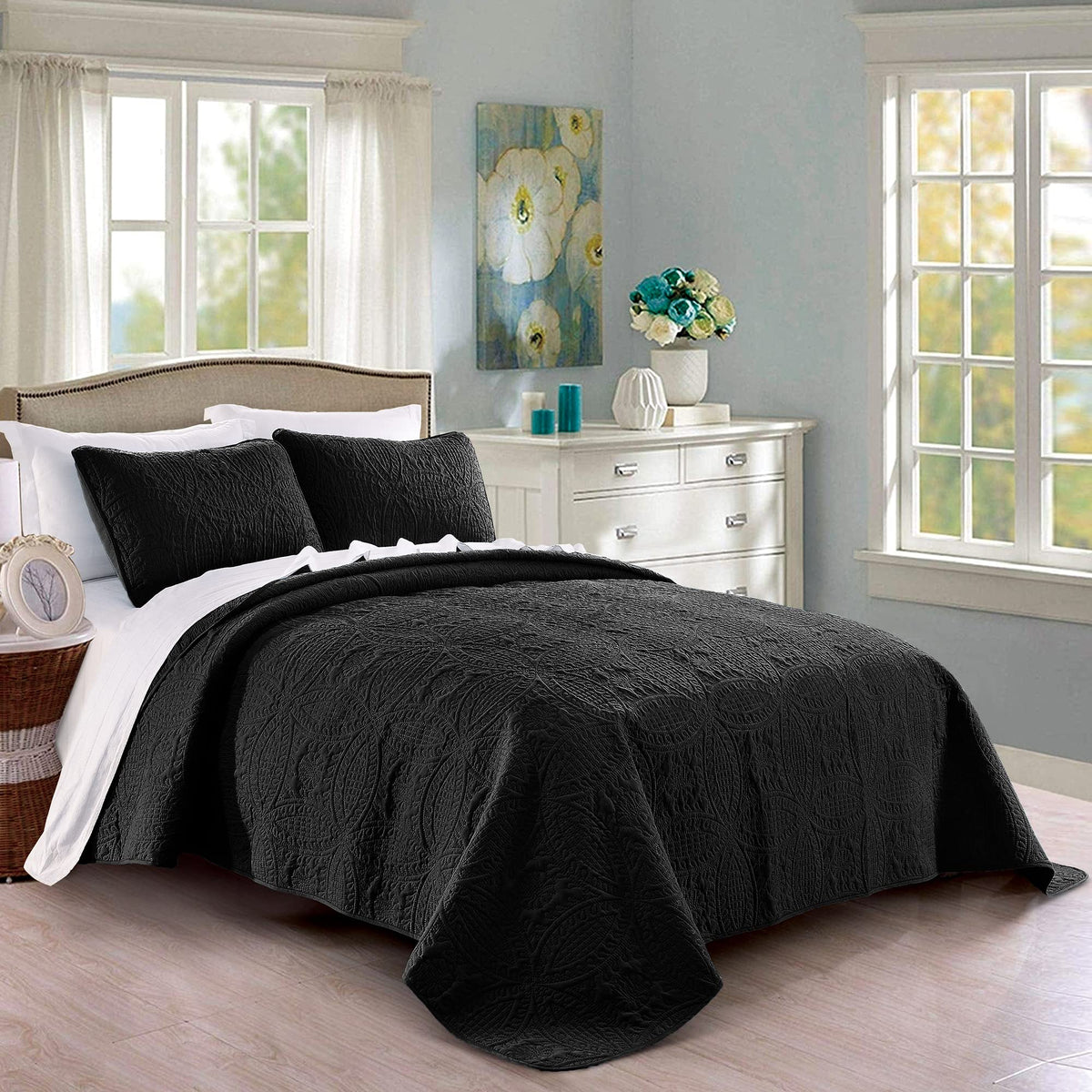 Pure Bedding Quilt Set Full/Queen Size Ash Blue - Oversized Bedspread - Soft Microfiber Lightweight Coverlet for All Season - 3 Piece Includes 1 Quilt and 2 Shams, Geometric Pattern