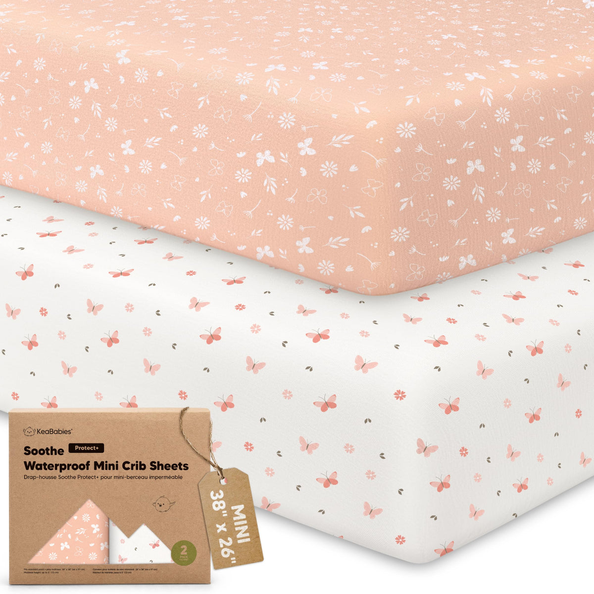 2-Pack Mini Crib Sheets Fitted, 38x26 Pack N Play Mattress Sheets (Elly)