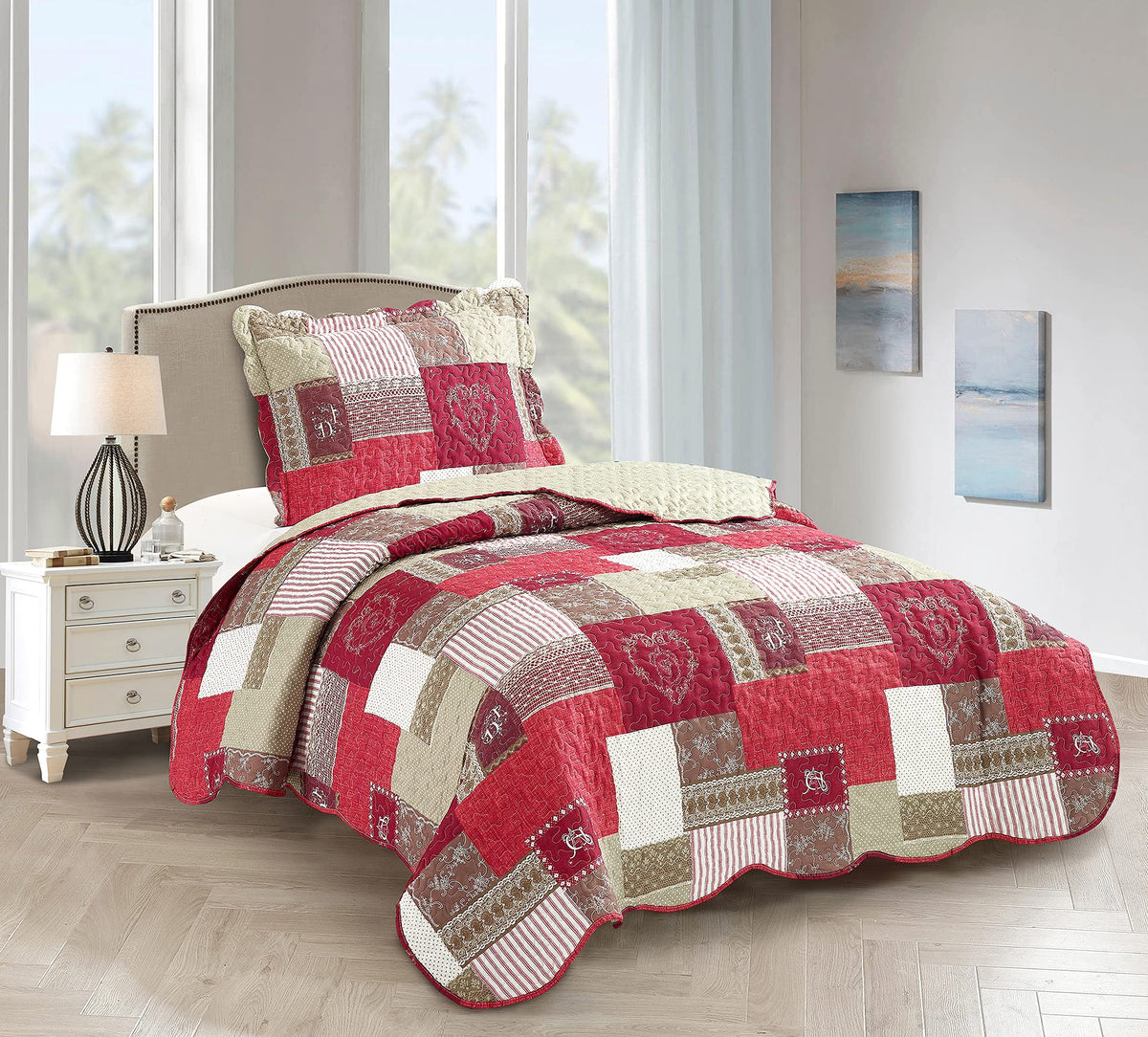 Brilliant Sunshine Rose and Sage Quilt Set, 3-Piece Bedding Sets, Traditional Patchwork Design, Washable and Reversible Bedspread, Soft Lightweight Coverlet, All-Season, Full/Queen, Light Pink Green