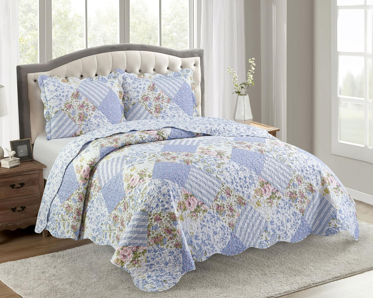 Brilliant Sunshine Rose and Sage Quilt Set, 3-Piece Bedding Sets, Traditional Patchwork Design, Washable and Reversible Bedspread, Soft Lightweight Coverlet, All-Season, Full/Queen, Light Pink Green