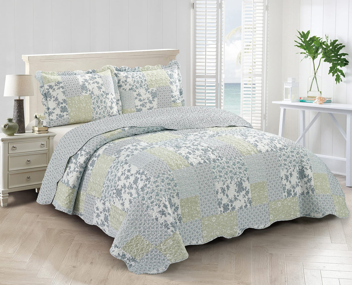 Brilliant Sunshine Rose and Sage Quilt Set, 3-Piece Bedding Sets, Traditional Patchwork Design, Washable and Reversible Bedspread, Soft Lightweight Coverlet, All-Season, Full/Queen, Light Pink Green
