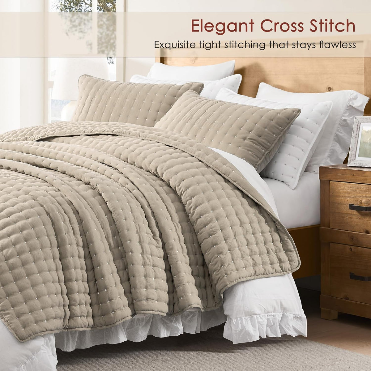 WDCOZY Cloud Soft Quilt Set, King Size, Beige, 3 Pieces 104x90 inches