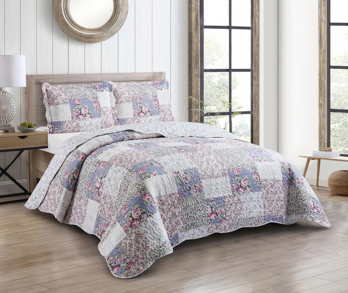 Brilliant Sunshine Rose and Sage Quilt Set, 3-Piece Bedding Sets, Traditional Patchwork Design, Washable and Reversible Bedspread, Soft Lightweight Coverlet, All-Season, Full/Queen, Light Pink Green